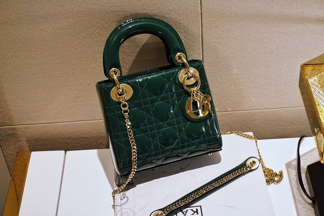 Dior Lady Handbags Crossbody & Shoulder Bags Dark Green Gold Hardware Patent Leather