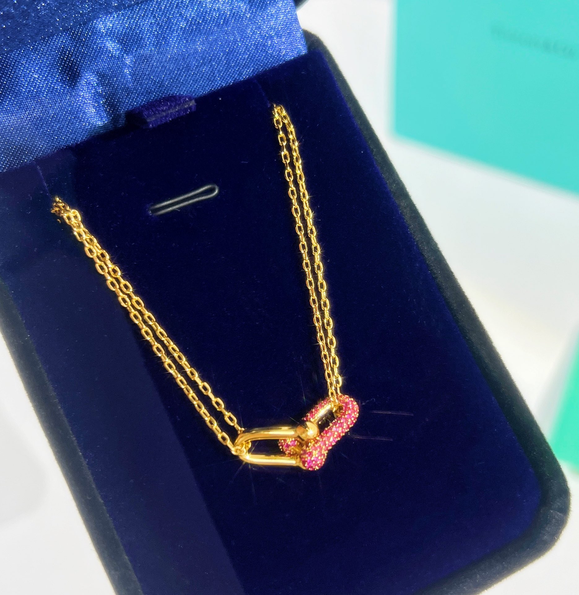 Tiffany&co 蒂芙尼粉钻满钻双链环项链