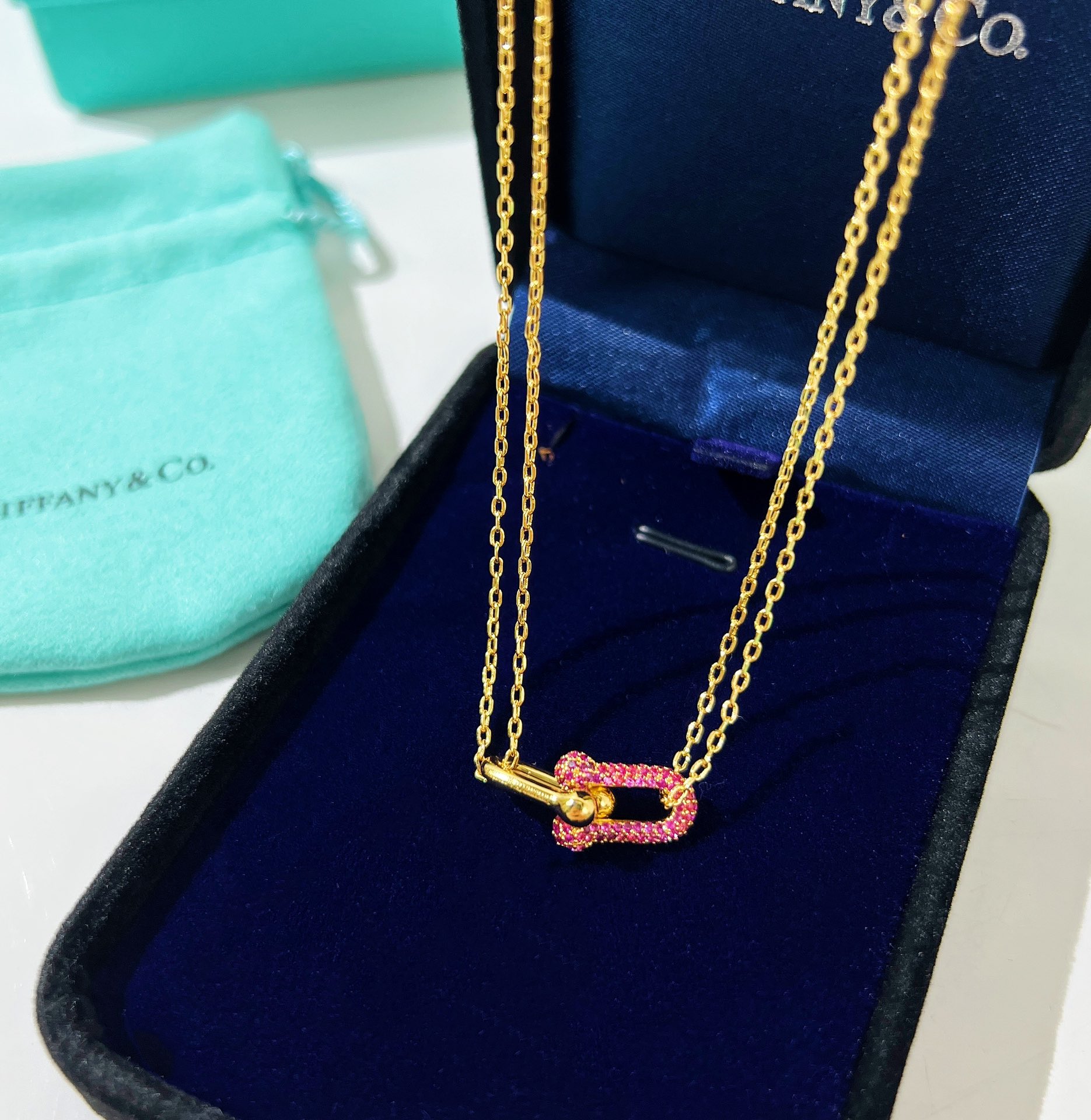 Tiffany&co 蒂芙尼粉钻满钻双链环项链