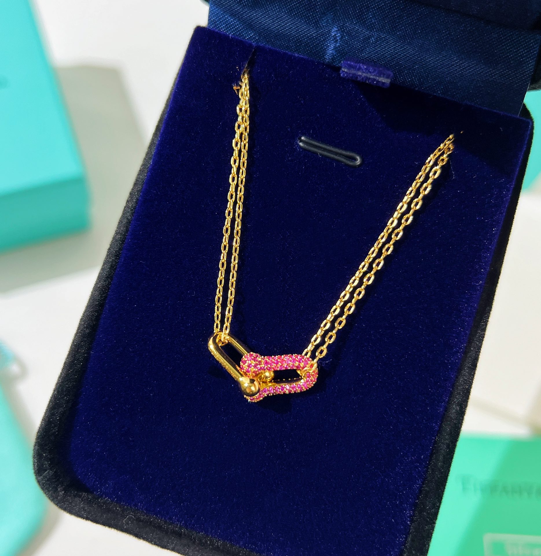 Tiffany&co 蒂芙尼粉钻满钻双链环项链