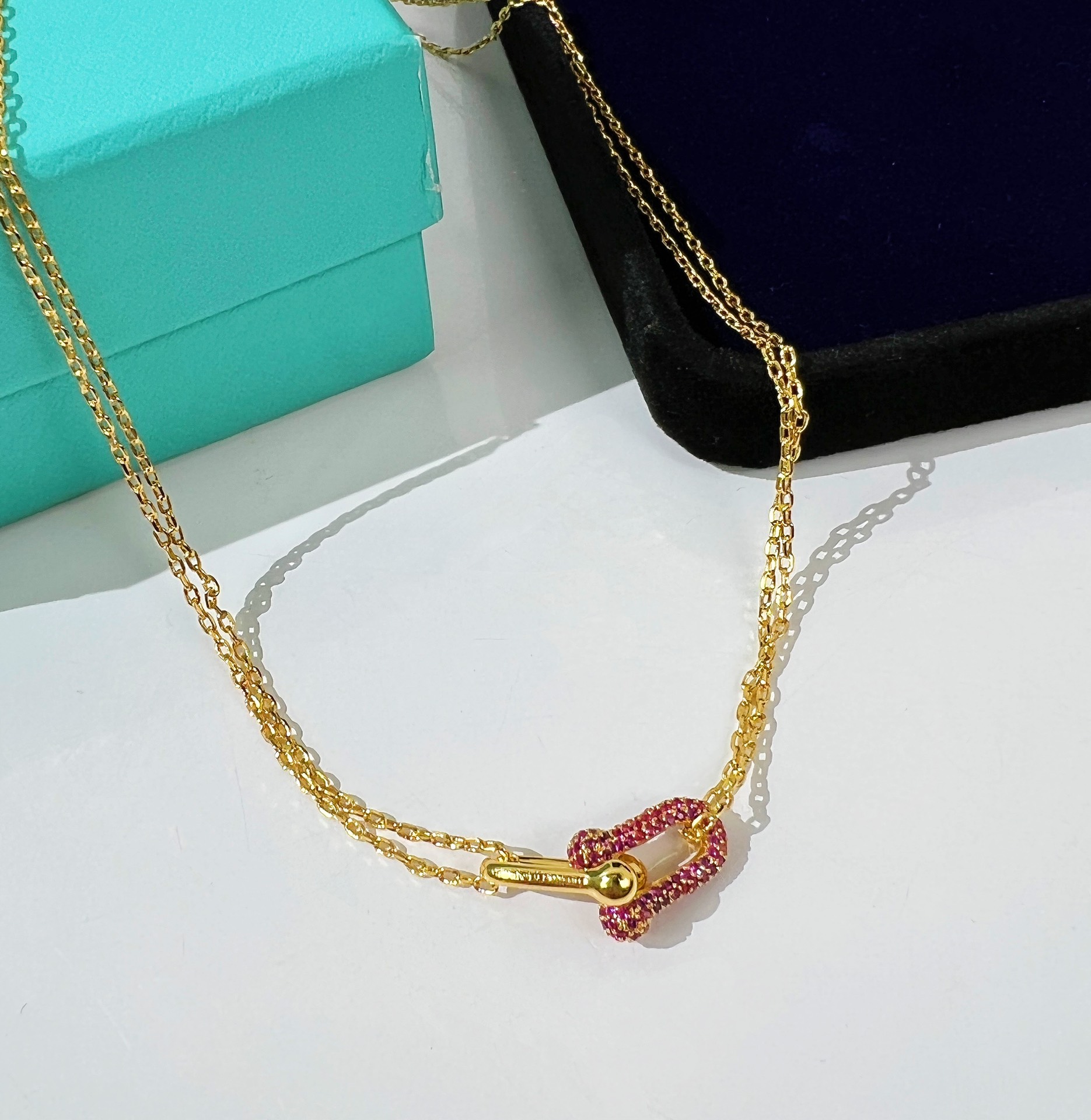 Tiffany&co 蒂芙尼粉钻满钻双链环项链