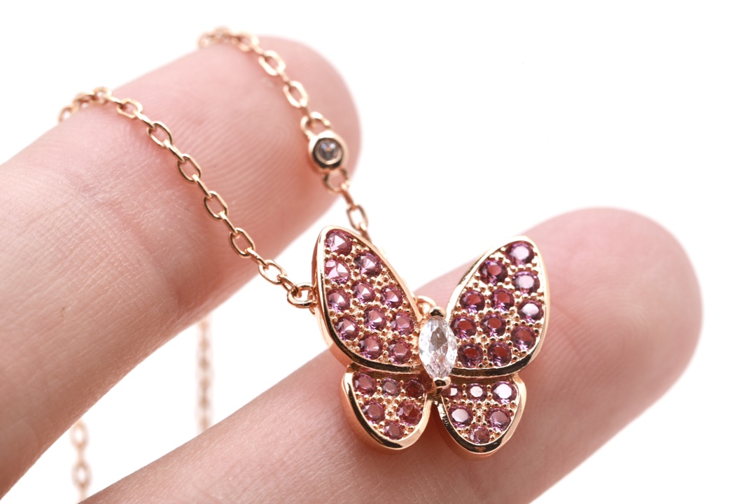Van Cleef & Arpels VCA/梵克雅宝 玫瑰金 粉色满钻蝴蝶锁骨项链