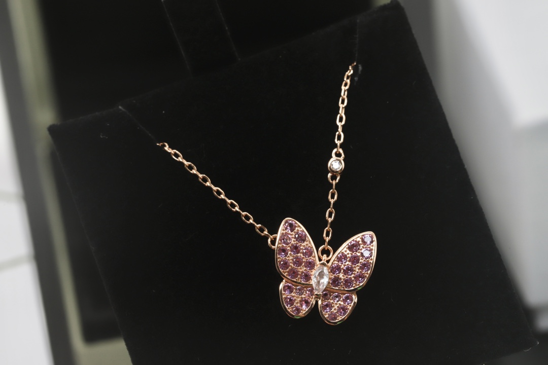 Van Cleef & Arpels VCA/梵克雅宝 玫瑰金 粉色满钻蝴蝶锁骨项链
