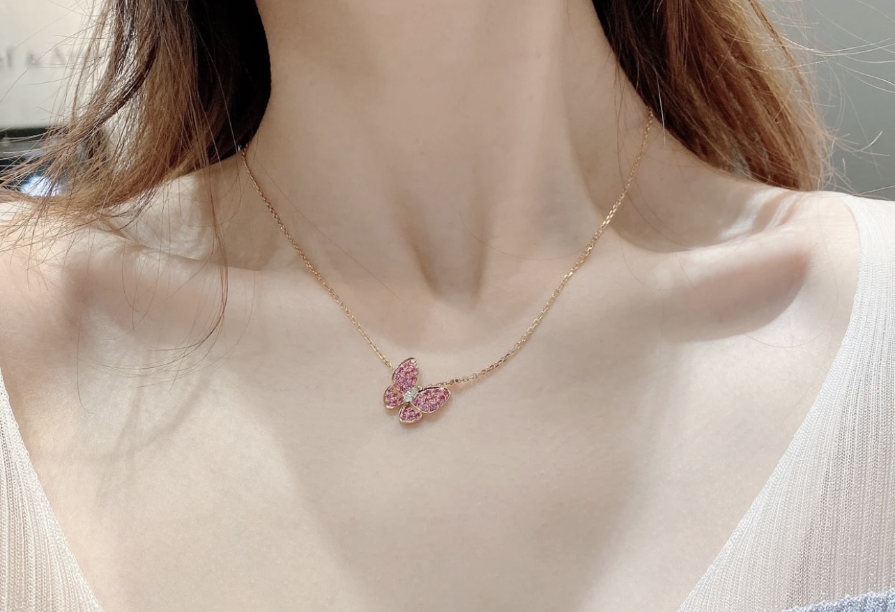 Van Cleef & Arpels VCA/梵克雅宝 玫瑰金 粉色满钻蝴蝶锁骨项链