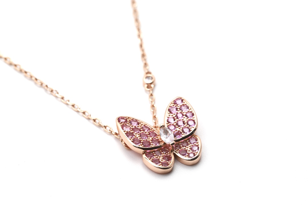 Van Cleef & Arpels VCA/梵克雅宝 玫瑰金 粉色满钻蝴蝶锁骨项链