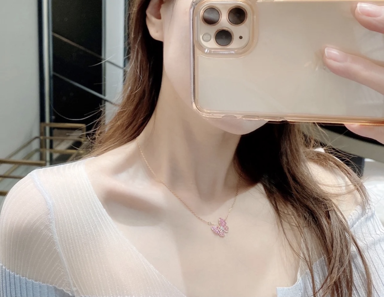 Van Cleef & Arpels VCA/梵克雅宝 玫瑰金 粉色满钻蝴蝶锁骨项链