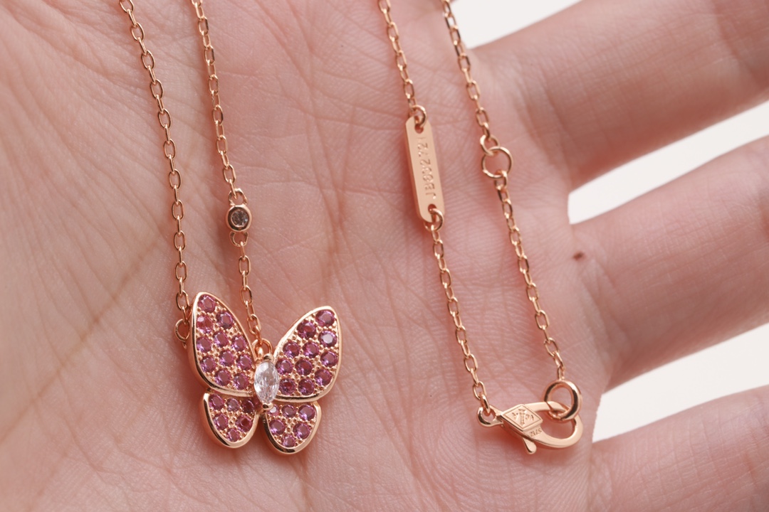 Van Cleef & Arpels VCA/梵克雅宝 玫瑰金 粉色满钻蝴蝶锁骨项链