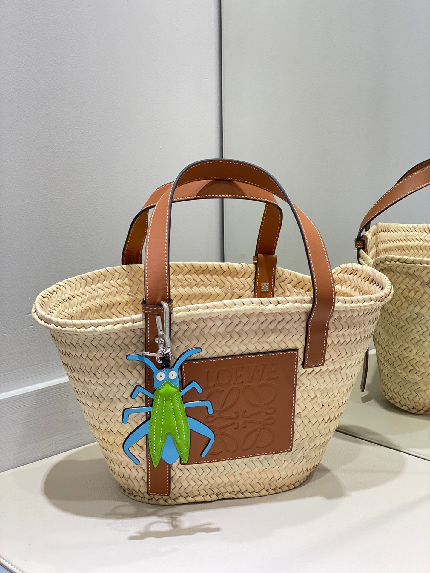 Loewe Medium Basket Bag Natural Raffia and Calfskin Leather Tote for Women