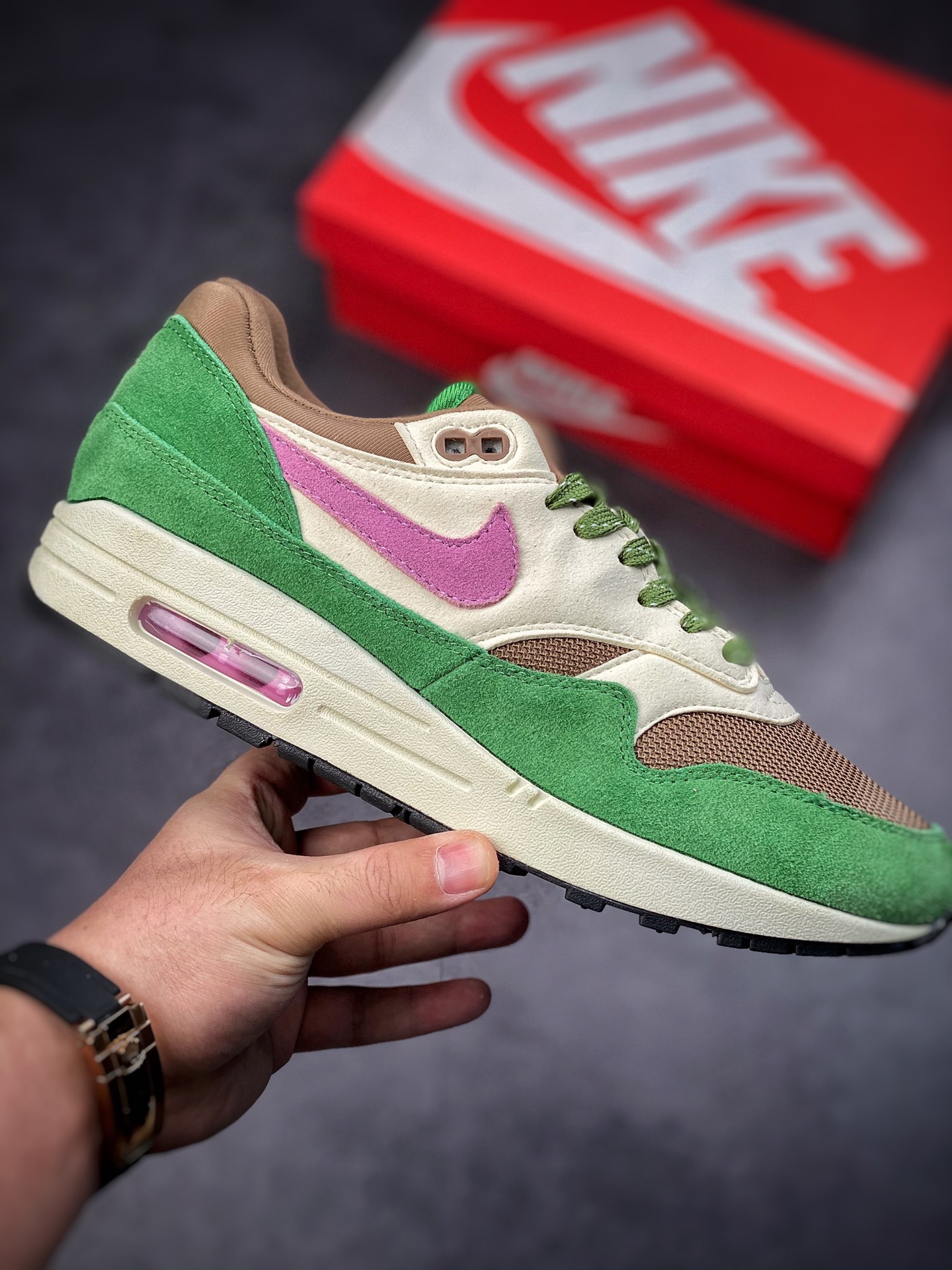 190 Nike Air Max 1 麂皮棕绿粉 原纸板原楦头打造 DR9773-300