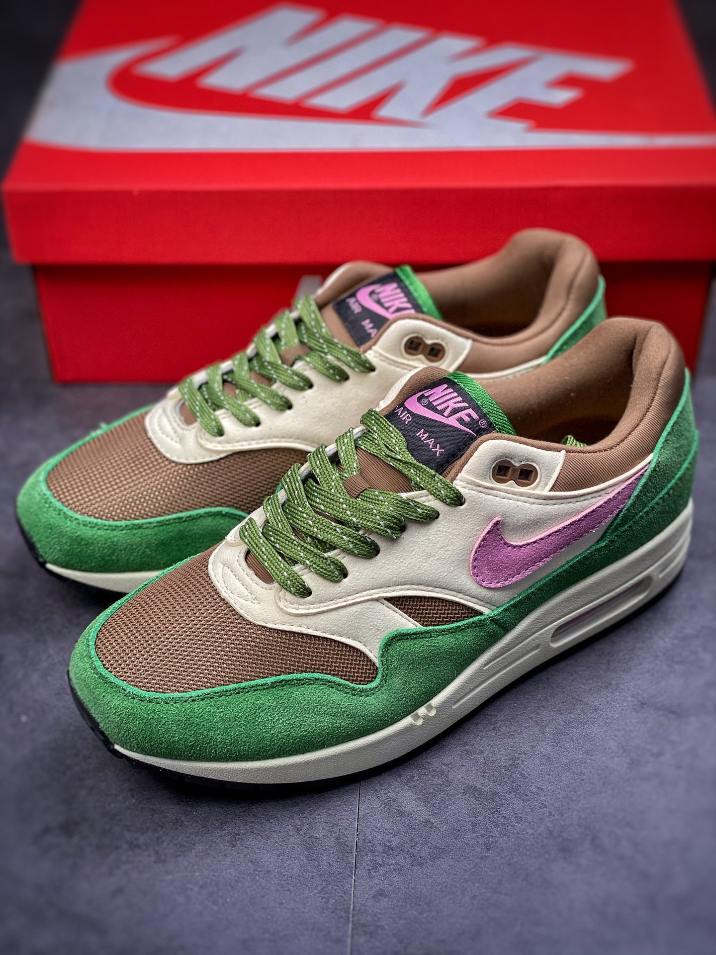 190 Nike Air Max 1 麂皮棕绿粉 原纸板原楦头打造 DR9773-300