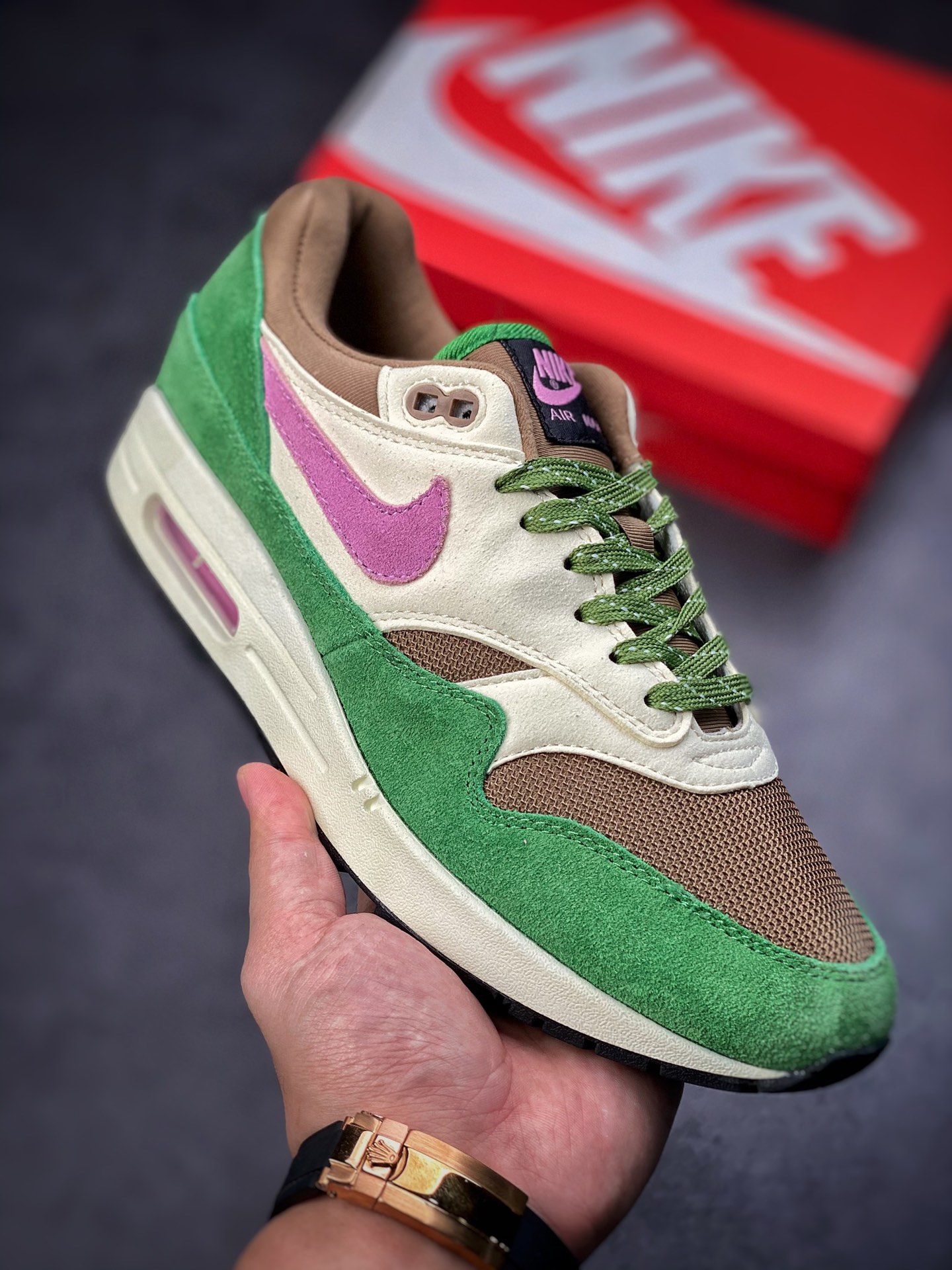 190 Nike Air Max 1 麂皮棕绿粉 原纸板原楦头打造 DR9773-300