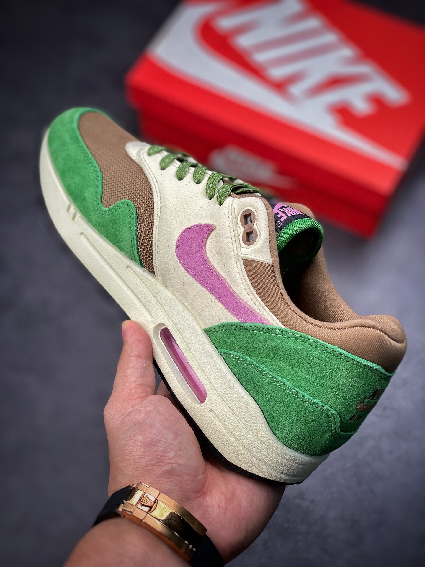 190 Nike Air Max 1 麂皮棕绿粉 原纸板原楦头打造 DR9773-300