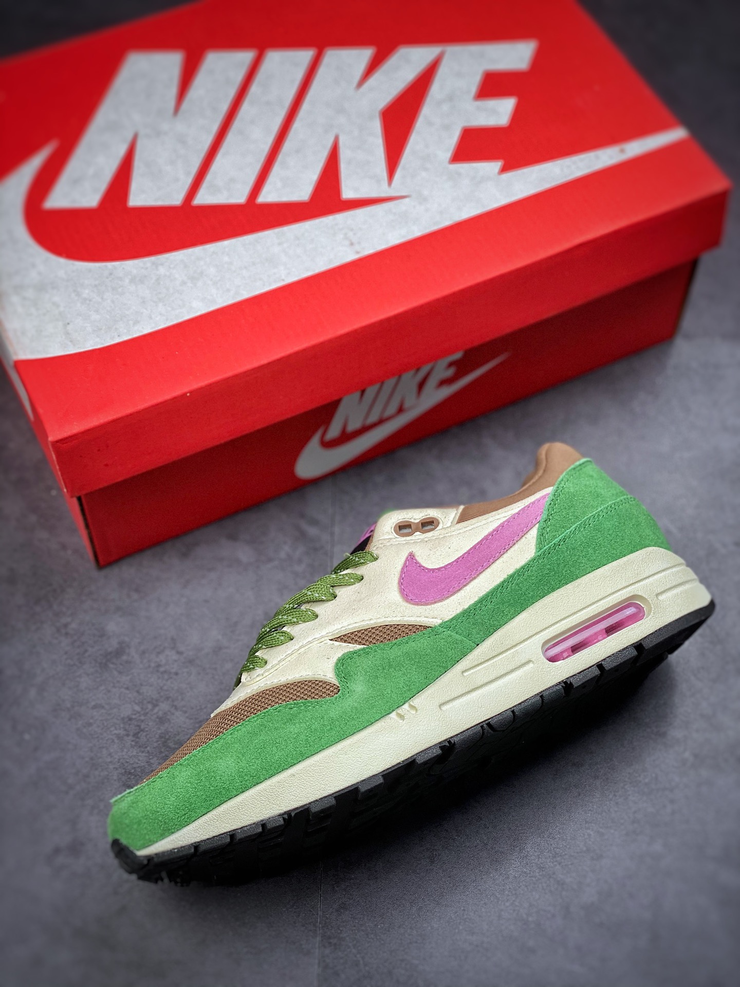 190 Nike Air Max 1 麂皮棕绿粉 原纸板原楦头打造 DR9773-300