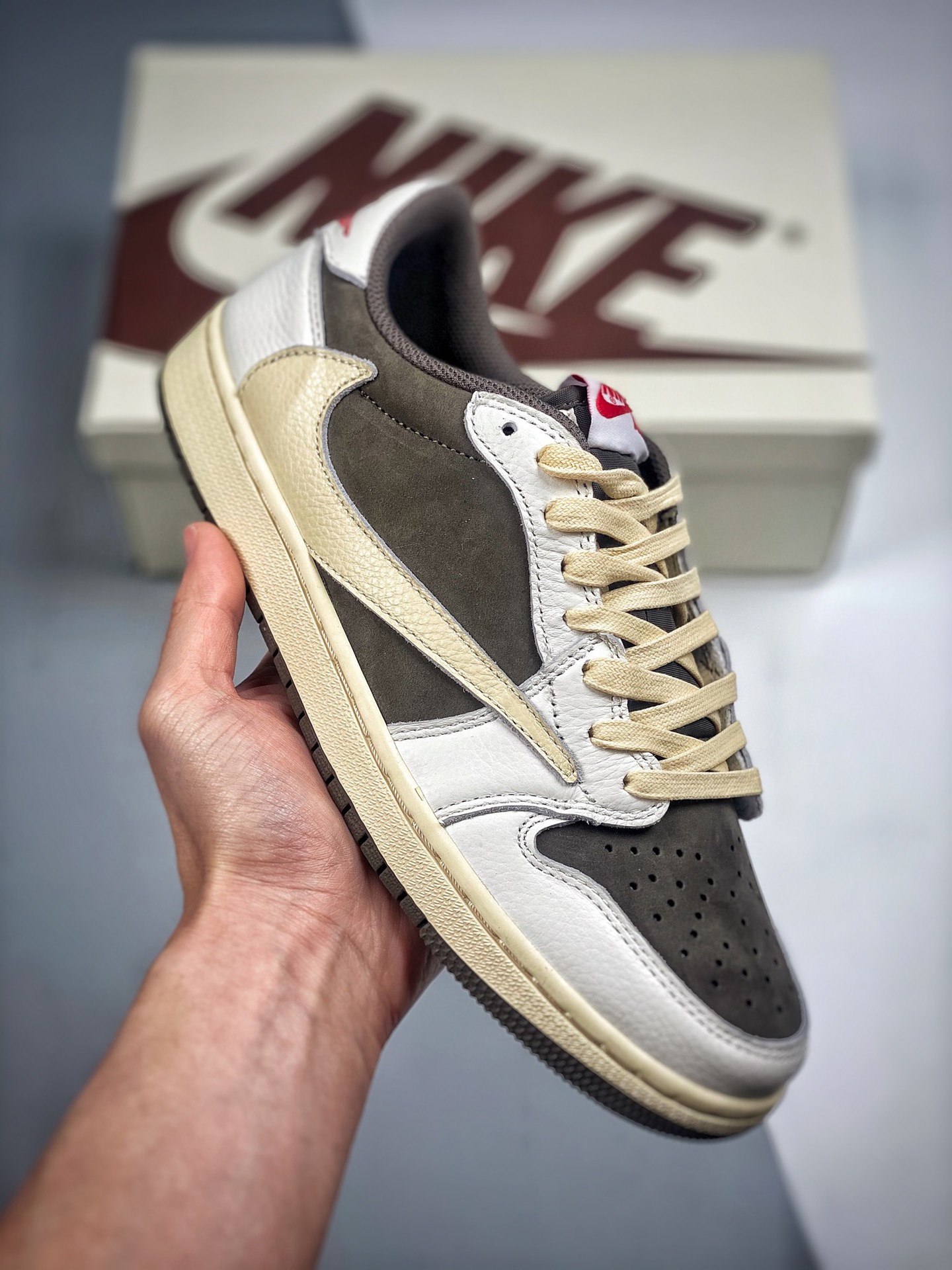 -2 Travis Scott x Air Jordan 1 blanco marrón de gancho invertido, AJ1 colaboración TS de gancho invertido, zapatillas d…
