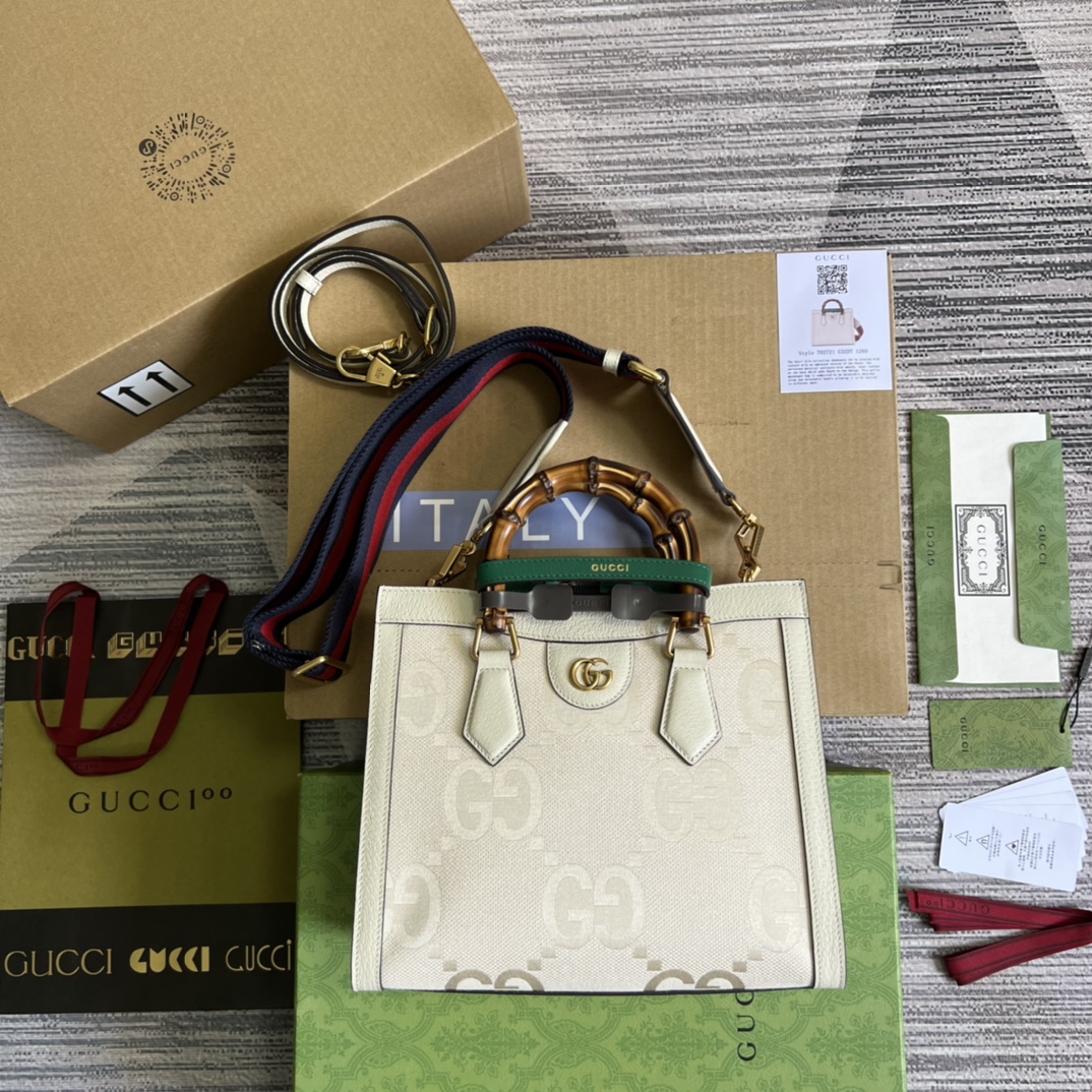 GUCCI 托特包 竹節提手 雙G配件 白色皮革