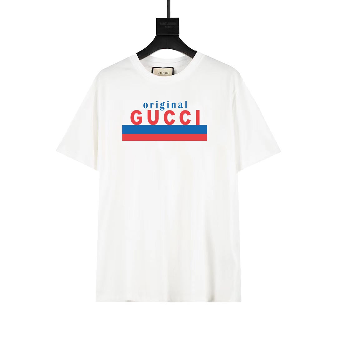 Gucci última camiseta de manga corta con estampado 'Original Gicci' en azul y rojo. Versión de alta calidad, misma que …