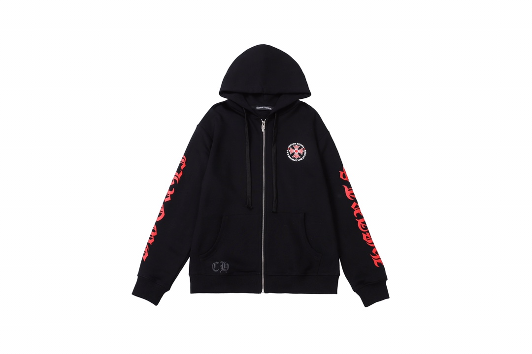High Street Fashion: Sanskrit Hat Coat with Rubber Stamping – 420g Cotton Zipper T-Shirt