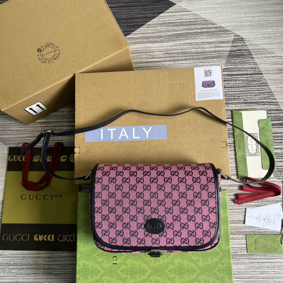 Gucci Pink Canvas Messenger Bag Brown Trim Adjustable Shoulder Strap