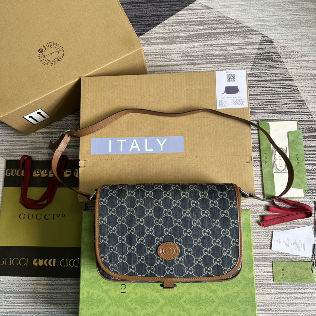 GUCCI Blue Denim Canvas Messenger Bag Brown Trim Adjustable Strap