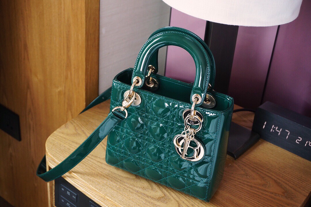 Dior Lady Handbags Crossbody & Shoulder Bags Dark Green Gold Hardware Patent Leather