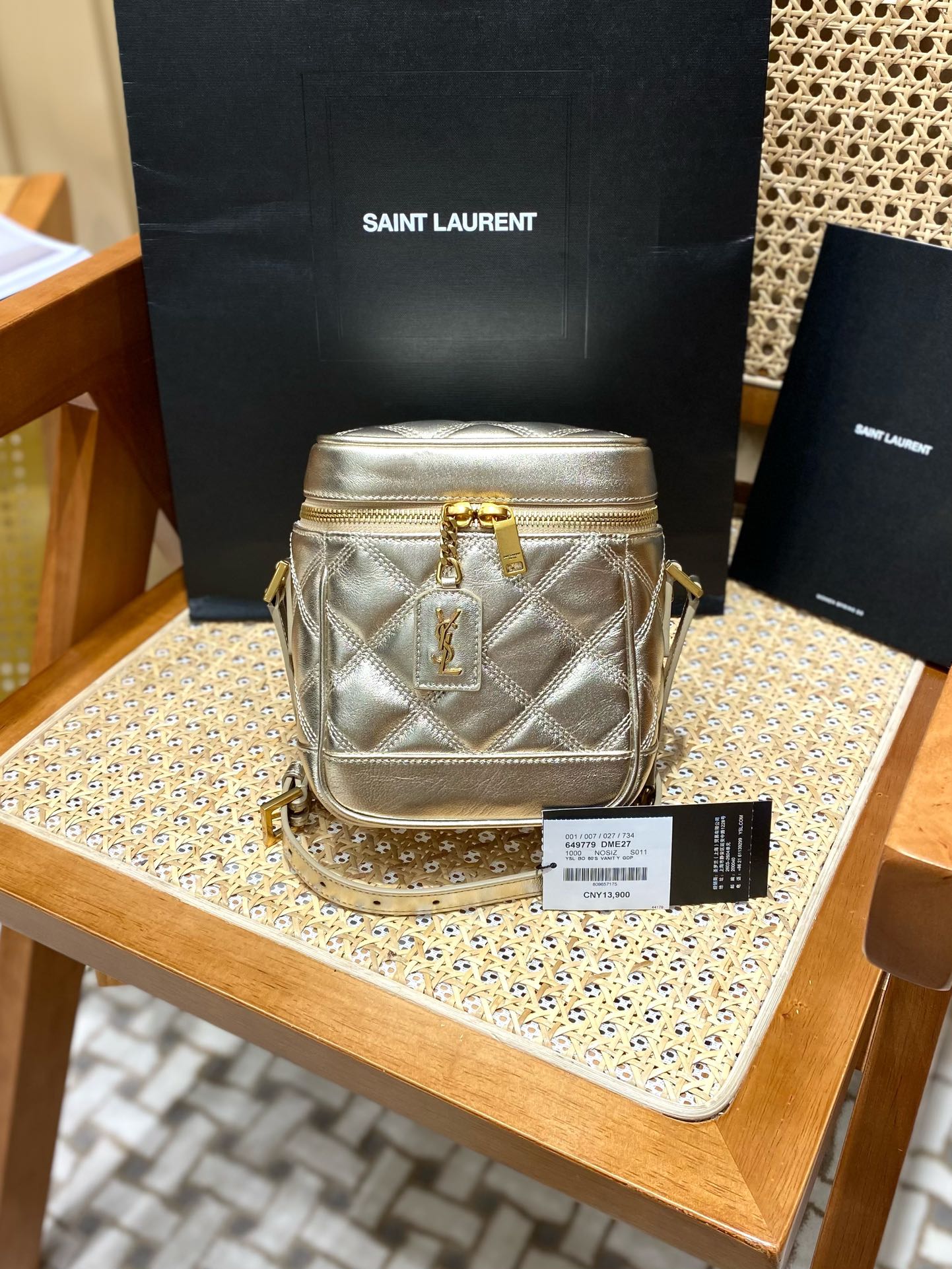 Saint laurent Ysl 80’s 𝙑𝙖𝙣𝙞𝙩𝙮 方形水桶化妆包 649779香槟金