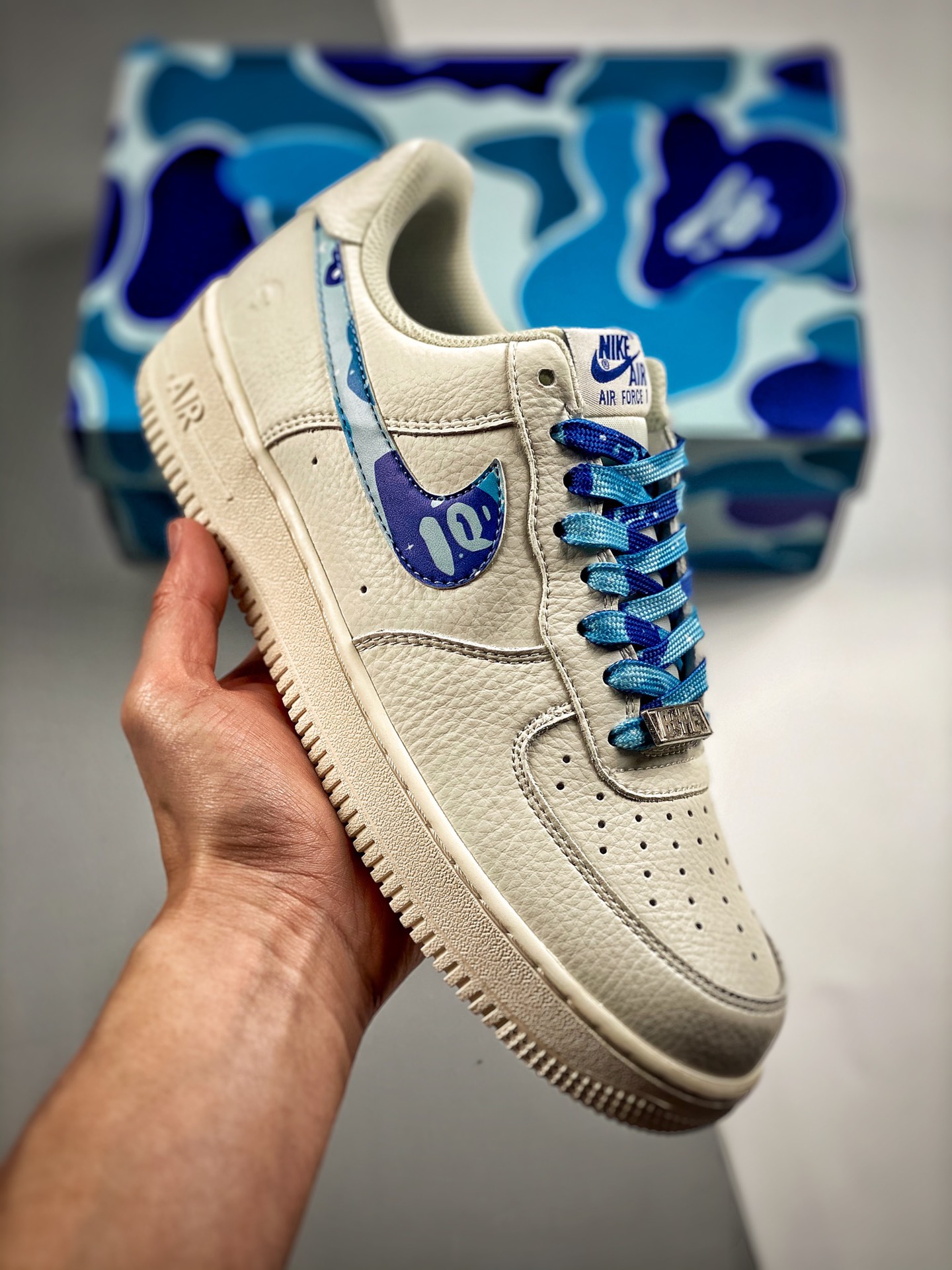 -3 Padrino de la moda Bape×Nike Air Force 1 Low "blanco azul camuflaje" Air Force 1 low top casual skate shoes, piel pe…