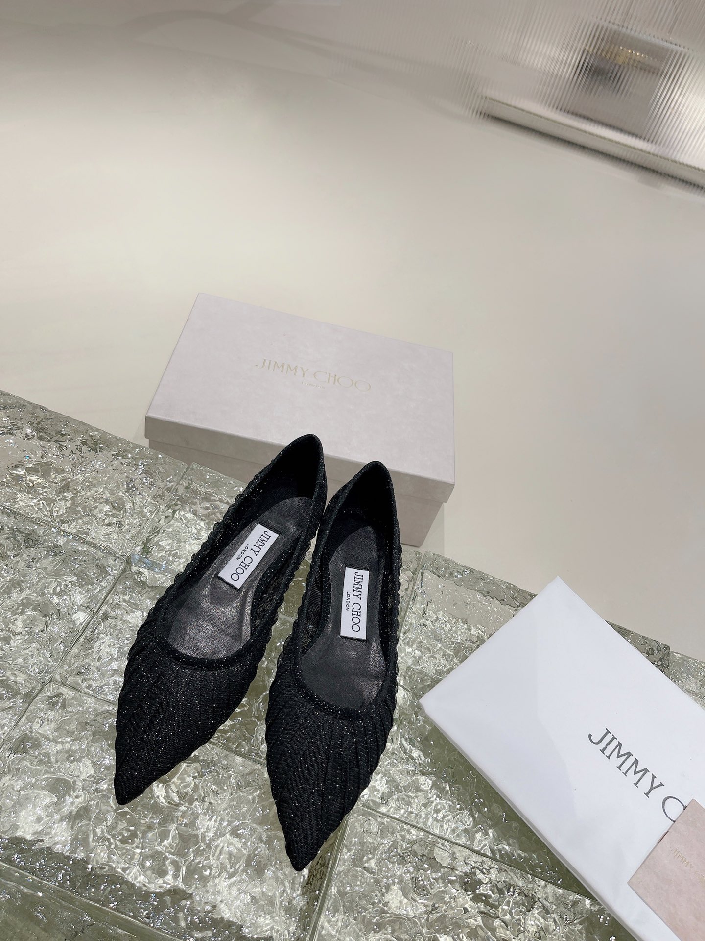 Туфли на высоком каучуке JIMMY CHOO из сетки с острым носом и открытой пяткой, импортная сетка, кристаллическая кожа ягненка полного зернения