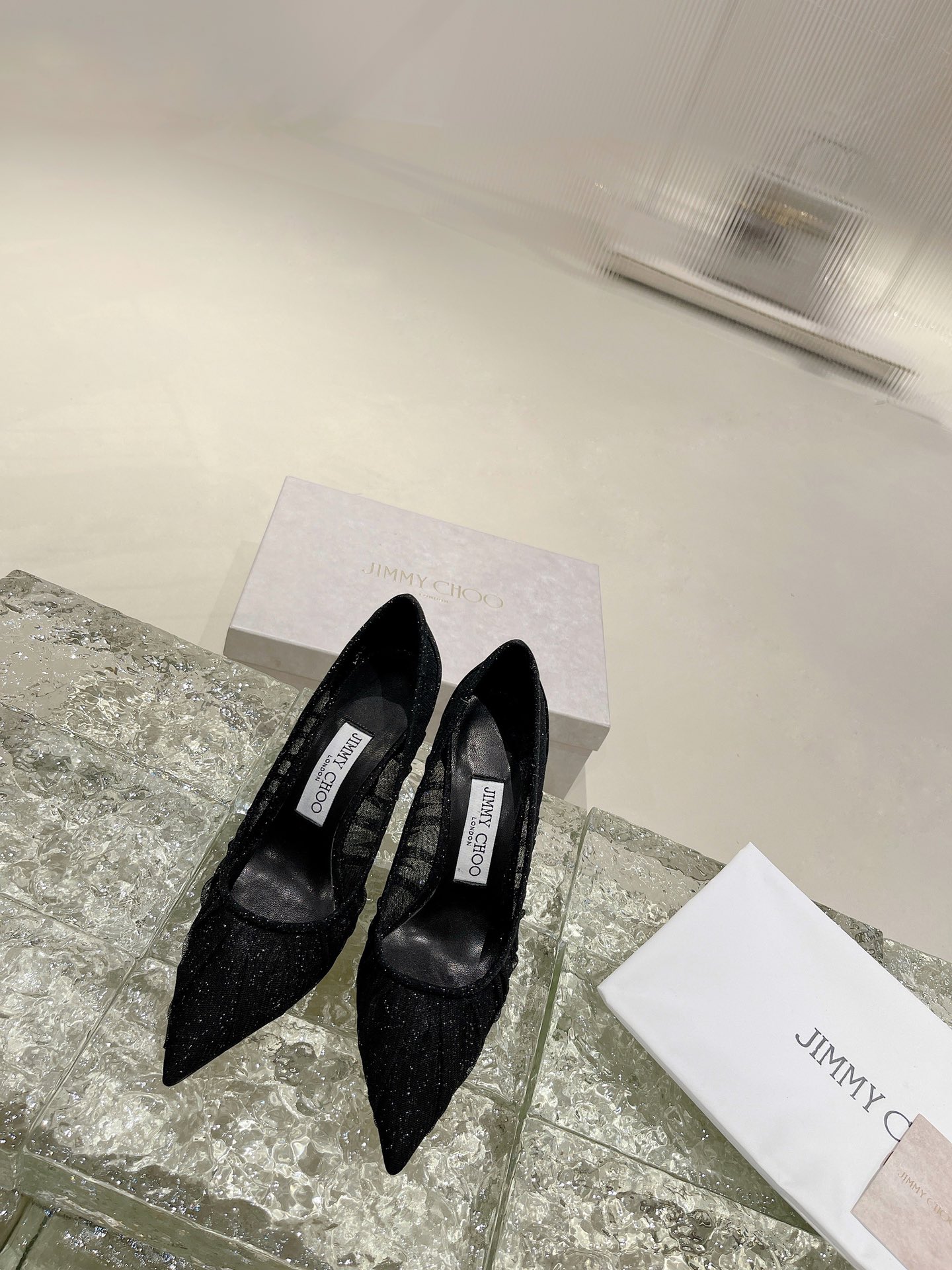Туфли JIMMY CHOO на высоком каблуке из сетки, с острым носом и открытым вырезом, импортная сетка, кристаллизованная кожа овцы полного зернения