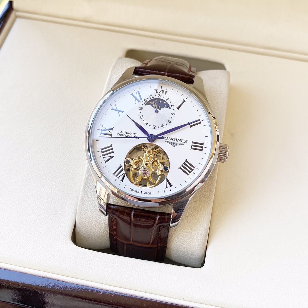 时尚风格 优雅气质浪琴  Longines  男士腕表 全自动机械机芯 矿物强化玻璃 316L精钢表壳 真皮表带 简约设计 商务休闲 尺寸:直径42mm 厚度12mm