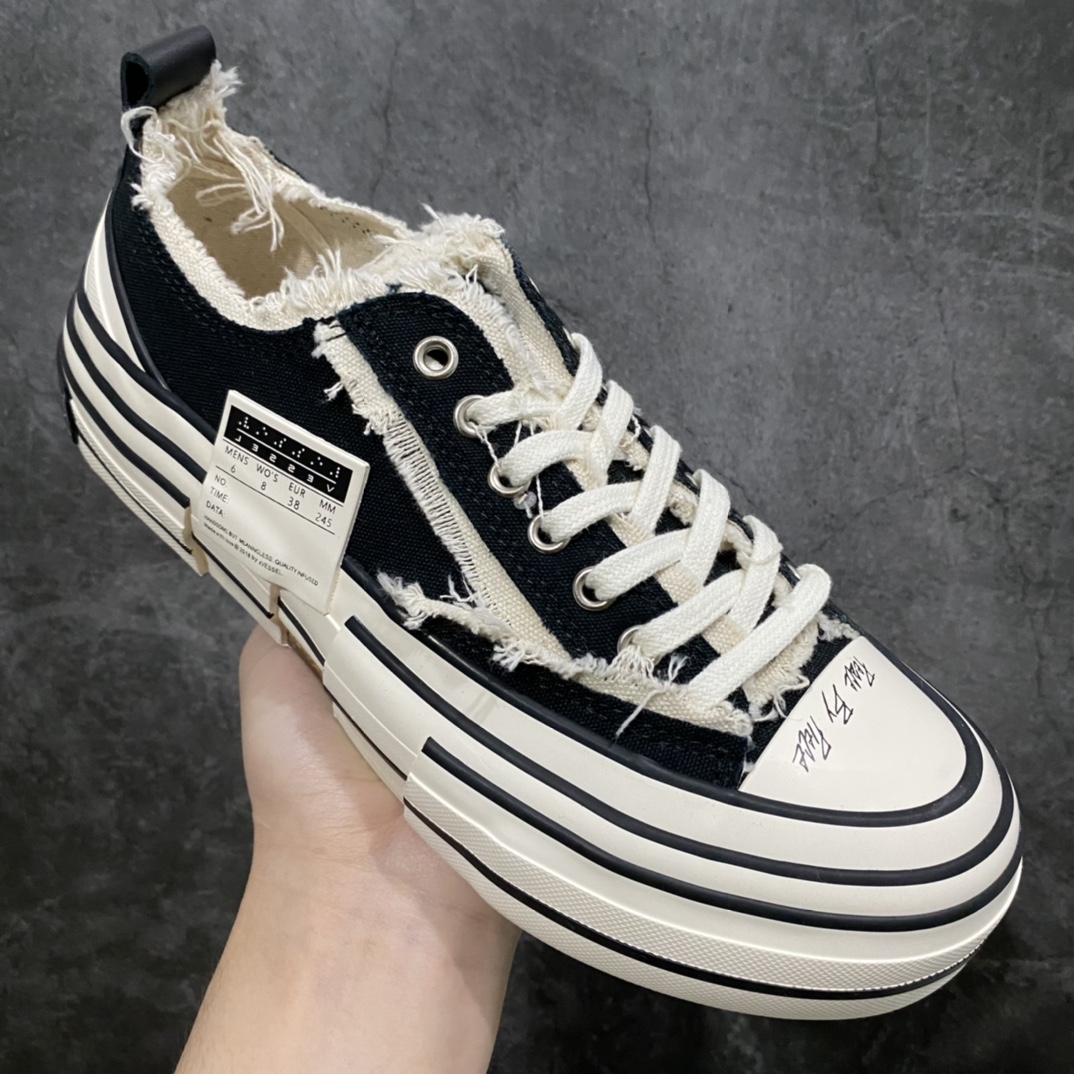 图片[3]-xVESSEL G.O.P. Low 吴建豪主理品牌 解构重叠厚底软木低帮硫化板鞋 经典黑色 原鞋数据开发 终端优势供应 当前市售最高版本 正确半贴合鞋标工艺 正确鞋头上翘整体楦型 紫外光变色效果 原厂12蛊司厚实舒适帆布面料 流苏做旧复古效果 支持NFC网页编码识别 升级厚实木塞内底 纯手工贴合多重围条硫化工艺 市售最强品质 实拍即所得 秒杀市场所有版本 随意对比 尺码：35 36 37 38 39 40 41 42 43 44 45-选品中心