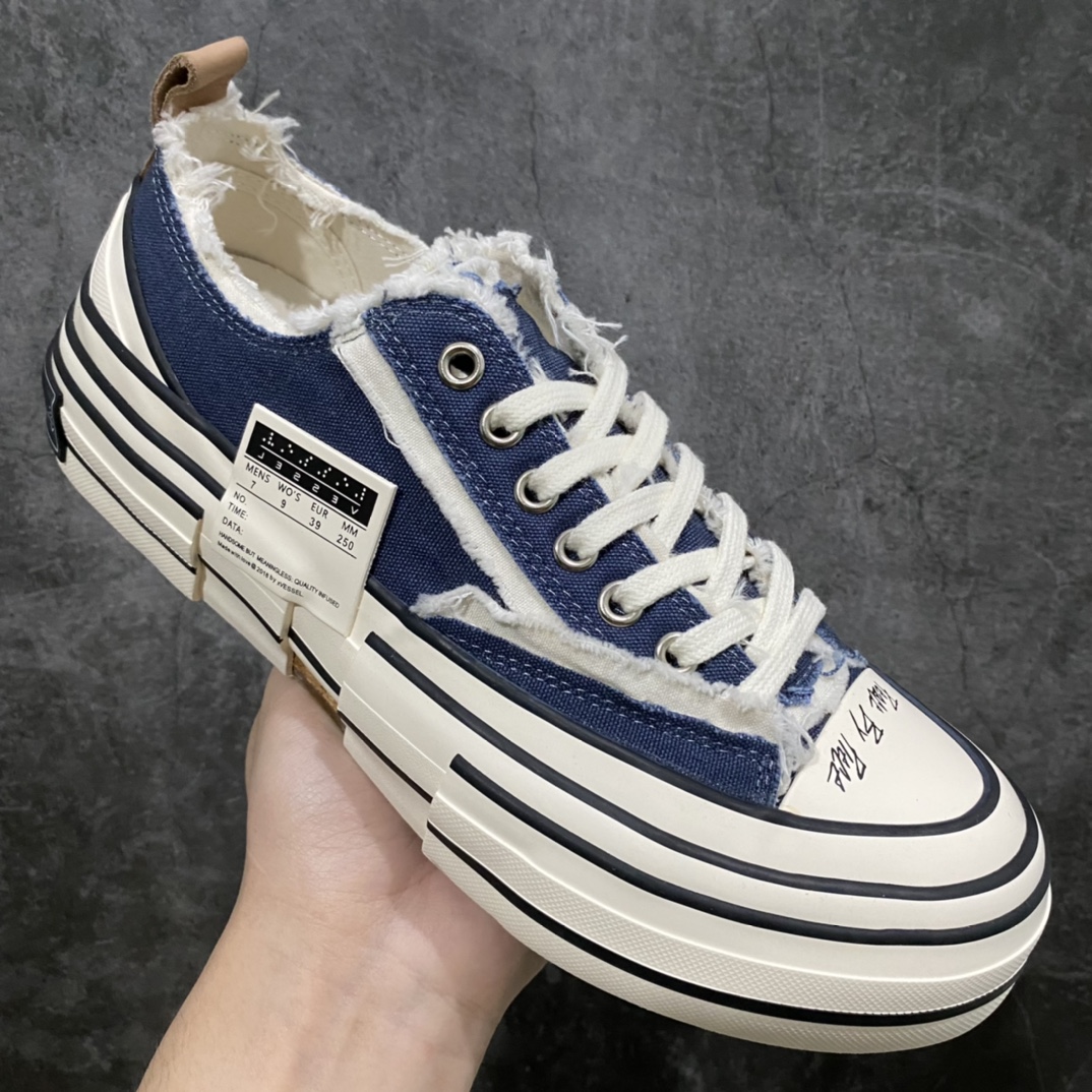 图片[3]-xVESSEL G.O.P. Low 吴建豪主理品牌 解构重叠厚底软木低帮硫化板鞋 深蓝色 原鞋数据开发 终端优势供应 当前市售最高版本 正确半贴合鞋标工艺 正确鞋头上翘整体楦型 紫外光变色效果 原厂12蛊司厚实舒适帆布面料 流苏做旧复古效果 支持NFC网页编码识别 升级厚实木塞内底 纯手工贴合多重围条硫化工艺 市售最强品质 实拍即所得 秒杀市场所有版本 随意对比 尺码：35 36 37 38 39 40 41 42 43 44 45-选品中心