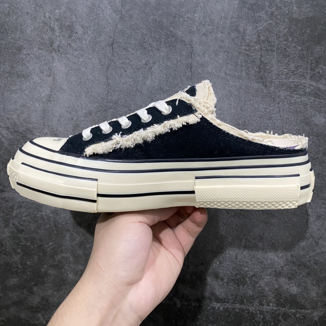 图片[2]-xVESSEL G.O.P. Low 吴建豪主理品牌 解构重叠厚底软木低帮硫化板鞋 黑色半拖 原鞋数据开发 终端优势供应 当前市售最高版本 正确半贴合鞋标工艺 正确鞋头上翘整体楦型 紫外光变色效果 原厂12蛊司厚实舒适帆布面料 流苏做旧复古效果 支持NFC网页编码识别 升级厚实木塞内底 纯手工贴合多重围条硫化工艺 市售最强品质 实拍即所得 秒杀市场所有版本 随意对比 尺码：35 36 37 38 39 40 41 42 43 44 45-选品中心