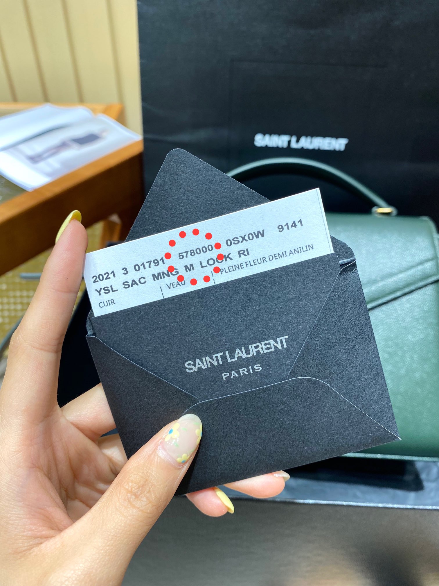 Saint Laurent Ysl CASSANDRA鱼子酱纹手拎包 578000墨绿色