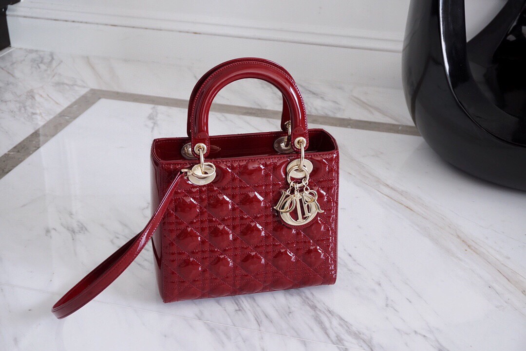 Dior Lady Handbags Crossbody & Shoulder Bags Burgundy Red Gold Hardware Patent Leather