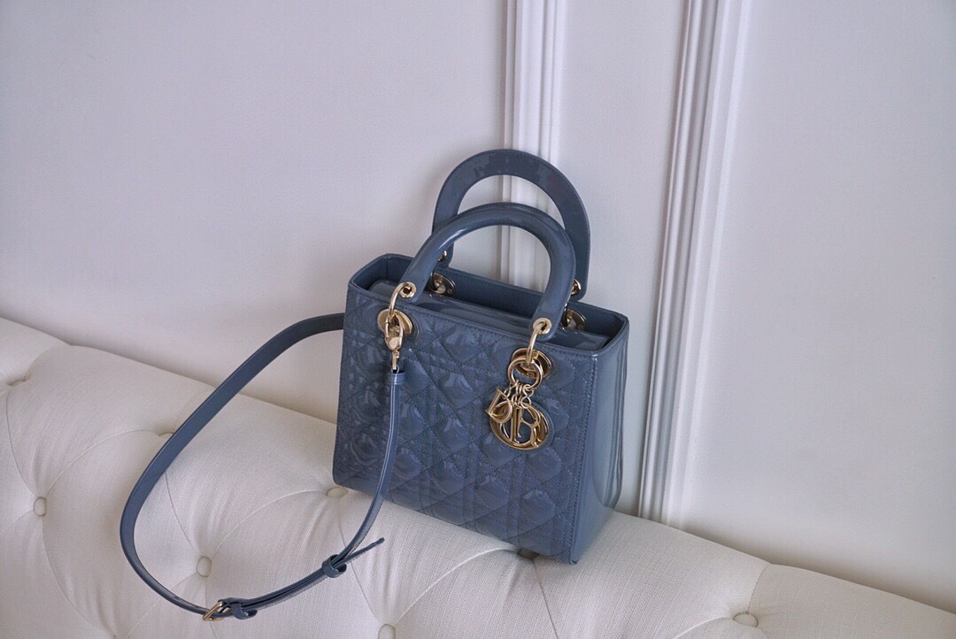 Dior Lady Handbags Crossbody & Shoulder Bags Blue Gold Hardware Patent Leather