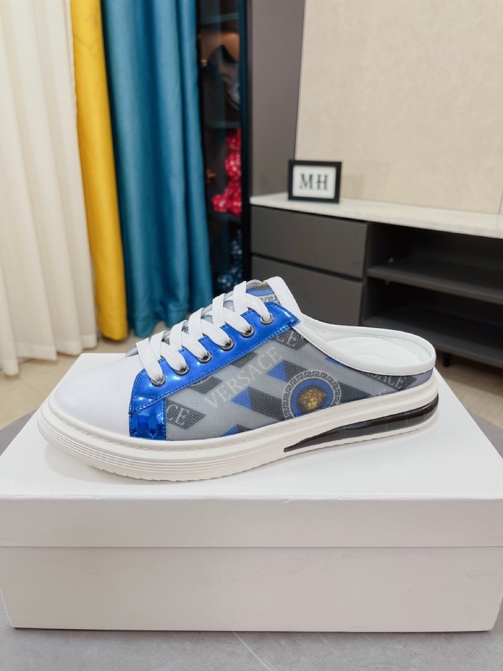 I0  VERSACE范思哲～独特现代风运动鞋。专柜代购🏃休闲半拖😍牛皮打印➕吸汗真皮内里拒绝脱色磨脚鞋底：原厂特供原版底，超舒服耐磨防滑原版底，