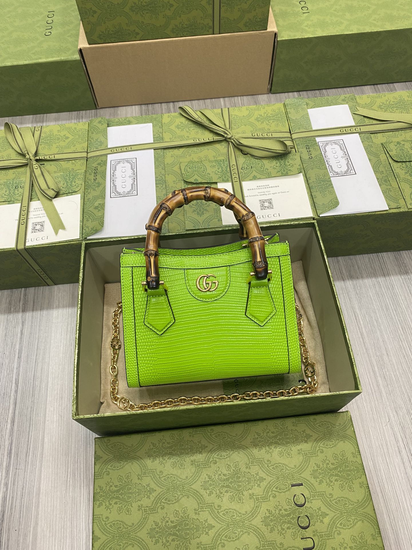 GUCCI Bamboo Top Handle Bag Lizard-Embossed Calfskin Chain Bag