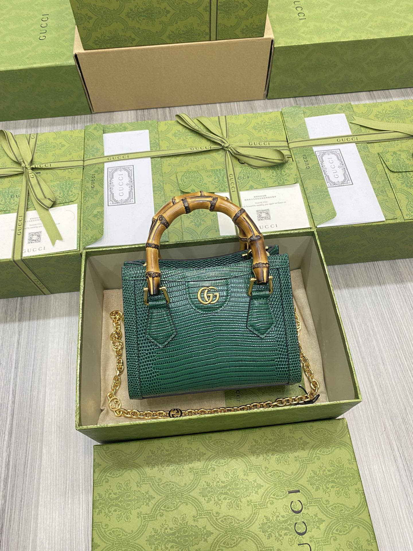 GUCCI Bamboo Top Handle Bag Lizard-Embossed Calfskin Chain