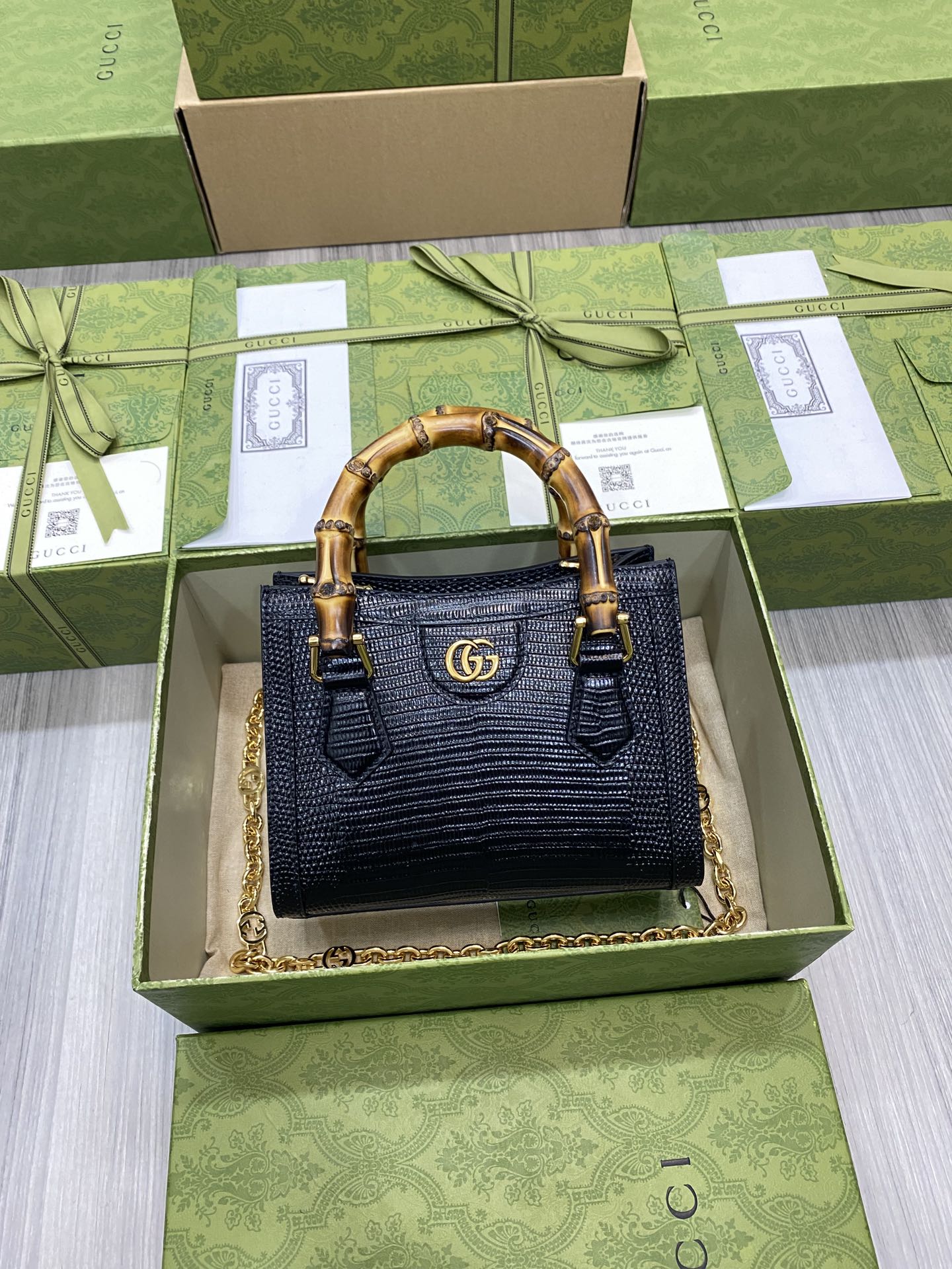 GUCCI Bamboo Top Handle Lizard-Embossed Leather Chain Bag