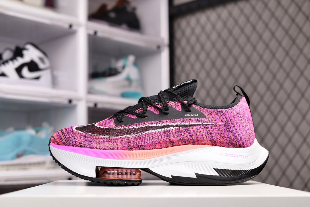 H0 男女鞋真标半码制采用飞织半透明鞋面材质中底嵌入复合纤维板前掌分离式拉丝纤维Zoom气垫设计效果增加ZoomX泡棉外底助力运动员突破极限，全新耐克Nike Air Zoom Alphafly NEXT FK％”Hyper Violet”破2代马拉松气垫轻量超跑竞速运动慢跑鞋“黑粉紫”633BL