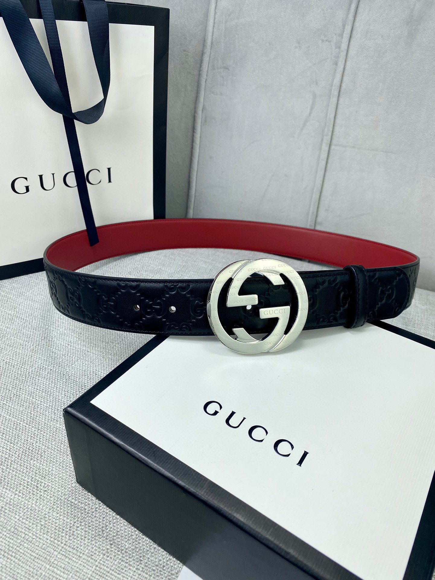 Gucci Belts Maroon Red Printing Cowhide