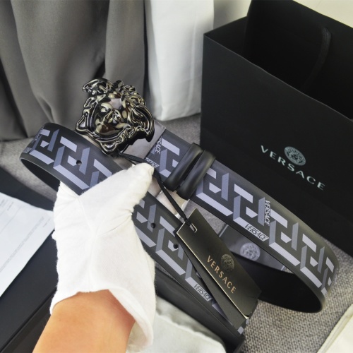 Versace Barocco Print Saffiano Leather Belt with 3D Medusa Buckle, 4.0 cm Width 1 Versace Barocco Print Saffiano Leather Belt with 3D Medusa Buckle, 4.0 cm Width