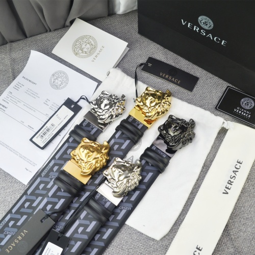 Versace Saffiano Leather Belt with Barocco Print and 3D Medusa Buckle, 4.0cm 1 Versace Saffiano Leather Belt with Barocco Print and 3D Medusa Buckle, 4.0cm
