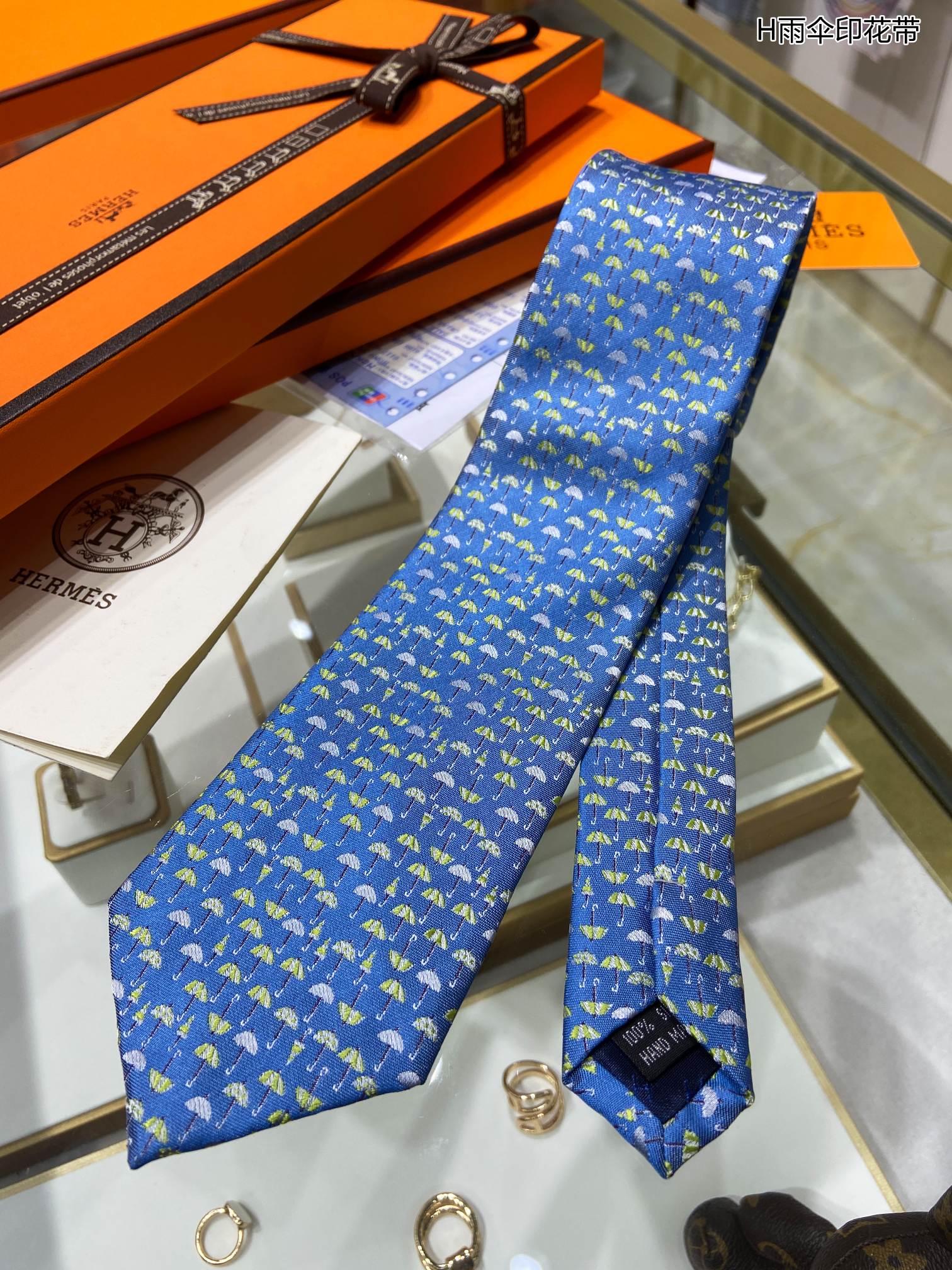 Hermes爱马仕100%顶级斜纹真丝雨伞印花领带