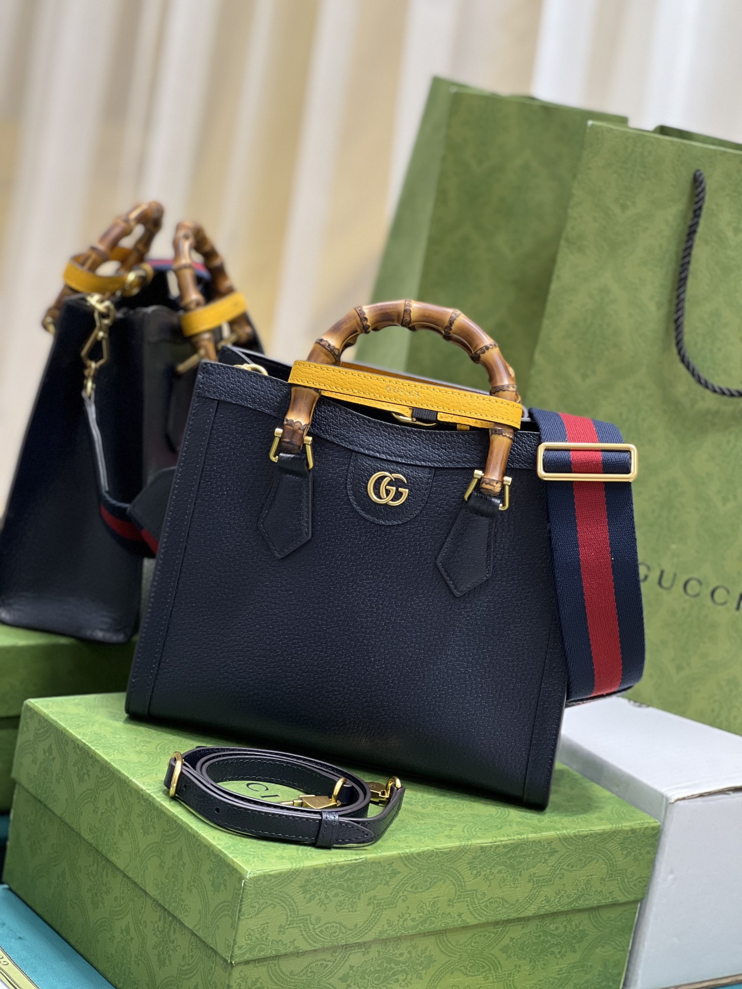 GUCCI Diana Bamboo Handle Tote Bag Neon Strap