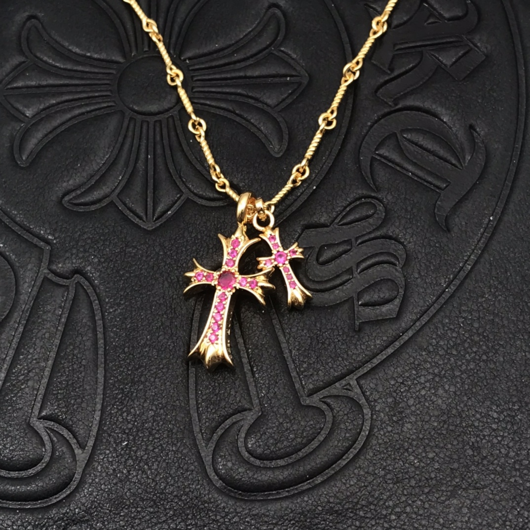 Chrome Hearts 高版本克罗心粉钻双十字架项链 厚镀22K金 区别市面18K浅金色 22K是很接近纯金的颜色