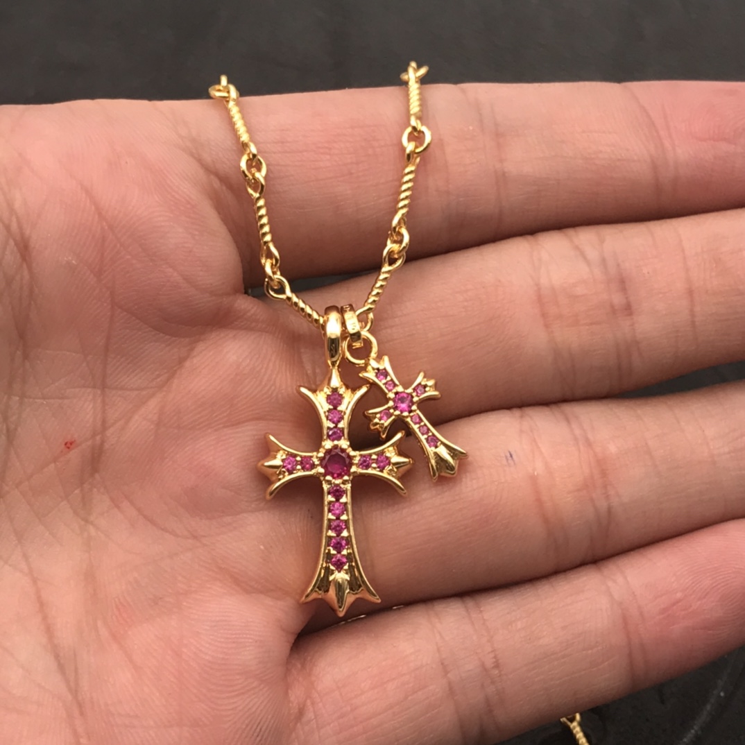 Chrome Hearts 高版本克罗心粉钻双十字架项链 厚镀22K金 区别市面18K浅金色 22K是很接近纯金的颜色