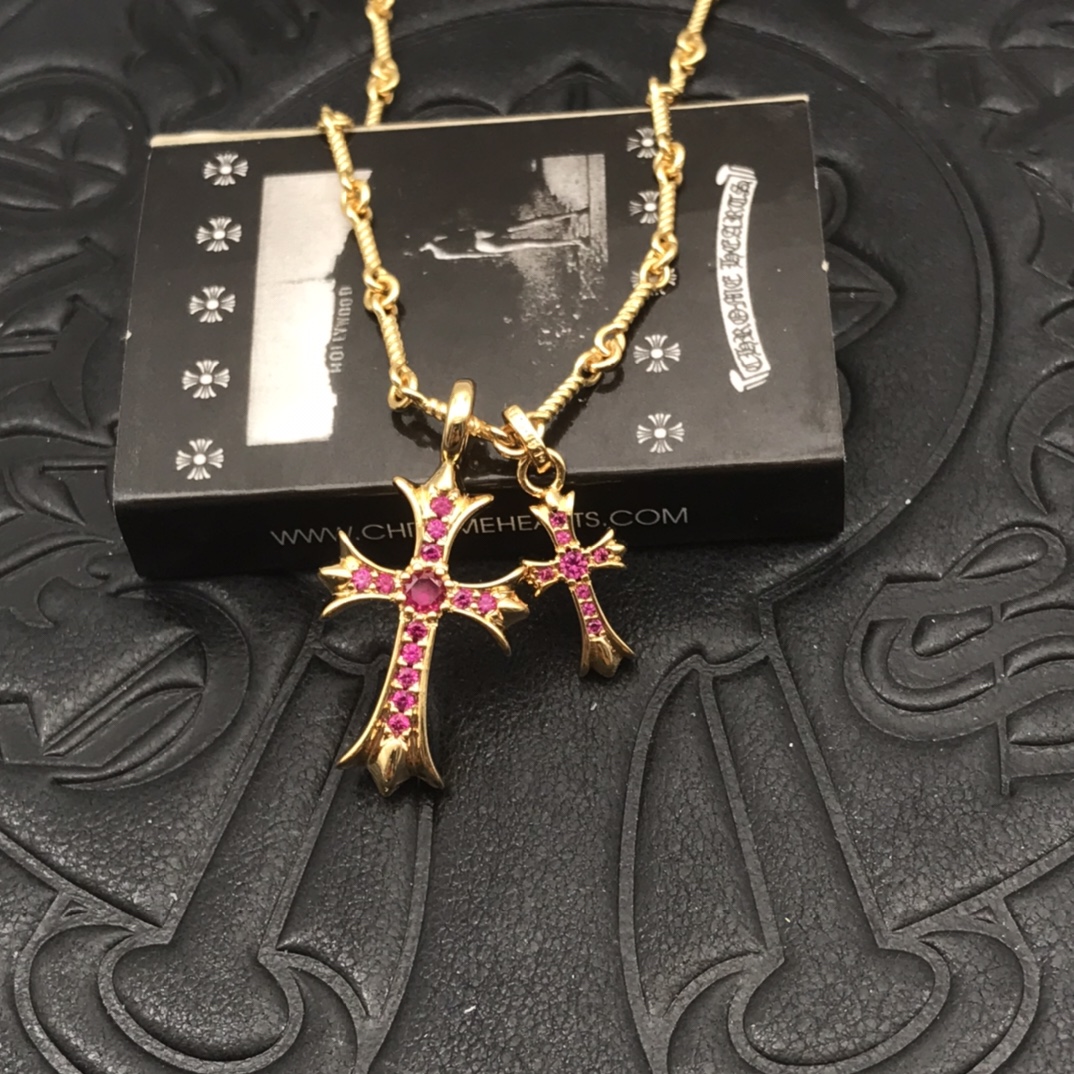 Chrome Hearts 高版本克罗心粉钻双十字架项链 厚镀22K金 区别市面18K浅金色 22K是很接近纯金的颜色