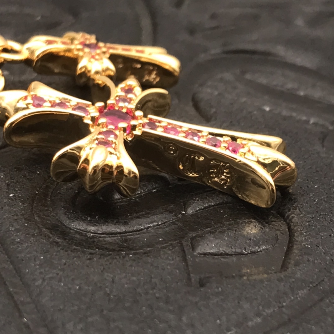Chrome Hearts 高版本克罗心粉钻双十字架项链 厚镀22K金 区别市面18K浅金色 22K是很接近纯金的颜色