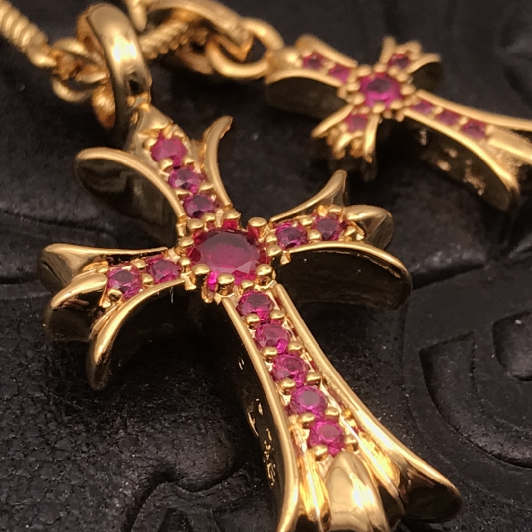 Chrome Hearts 高版本克罗心粉钻双十字架项链 厚镀22K金 区别市面18K浅金色 22K是很接近纯金的颜色
